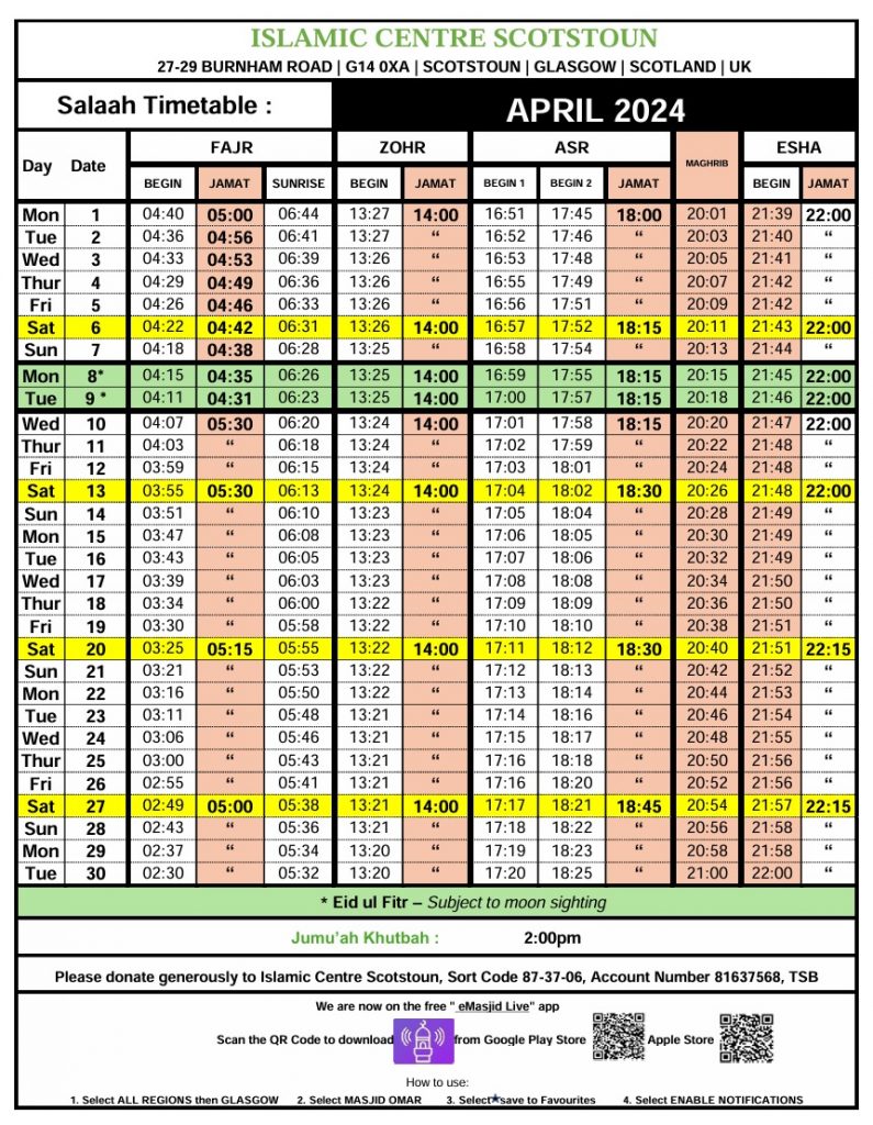 APRIL 2024 Salaah Timetable