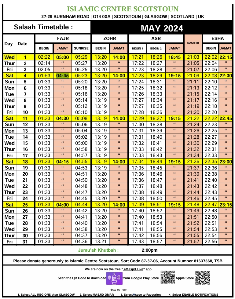 Salaah Timetable MAY 2024
