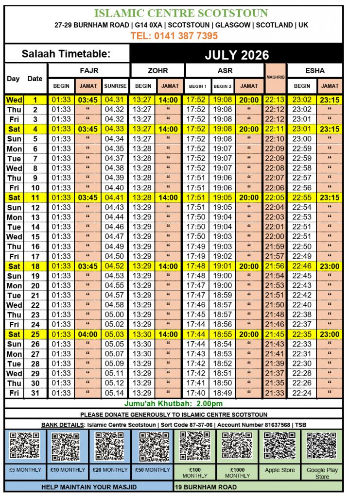Salaah Timetable JULY 2026